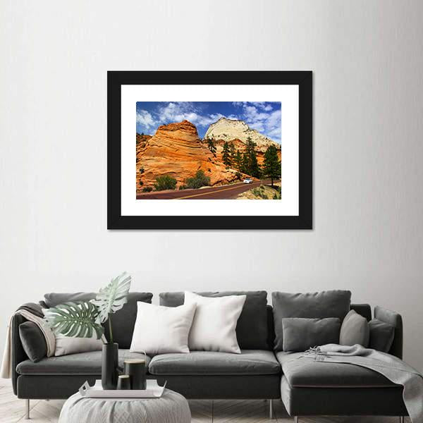 Scenic Drive In Zion National Park Canvas Wall Art-1 Piece-Framed Print-20" x 16"-Tiaracle