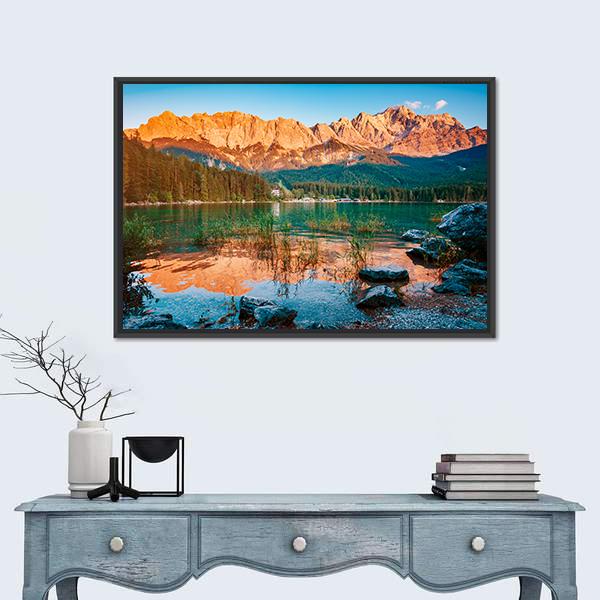 Scenic Famous Lake Eibsee Canvas Wall Art-1 Piece-Floating Frame-24" x 16"-Tiaracle