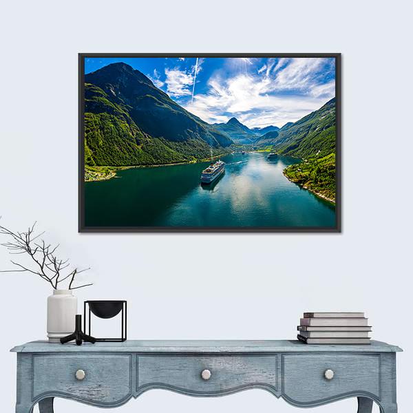 Scenic Geiranger Fjord In Norway Canvas Wall Art-1 Piece-Floating Frame-24" x 16"-Tiaracle