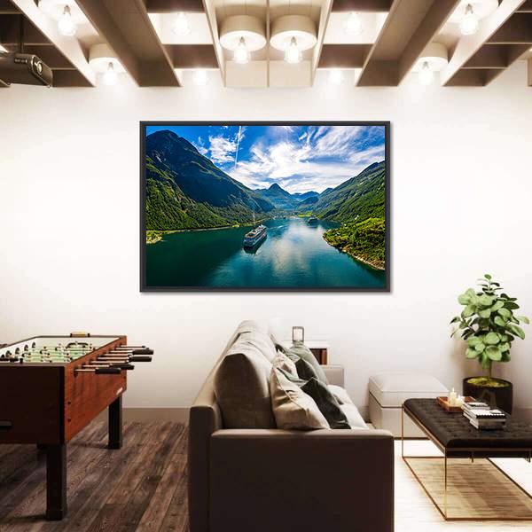 Scenic Geiranger Fjord In Norway Canvas Wall Art-1 Piece-Floating Frame-24" x 16"-Tiaracle