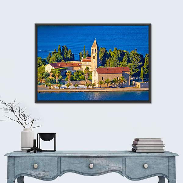 Scenic Island Of Vis Church Canvas Wall Art-1 Piece-Floating Frame-24" x 16"-Tiaracle