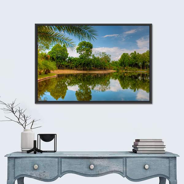 Scenic Lake View With Garden Canvas Wall Art-1 Piece-Floating Frame-24" x 16"-Tiaracle