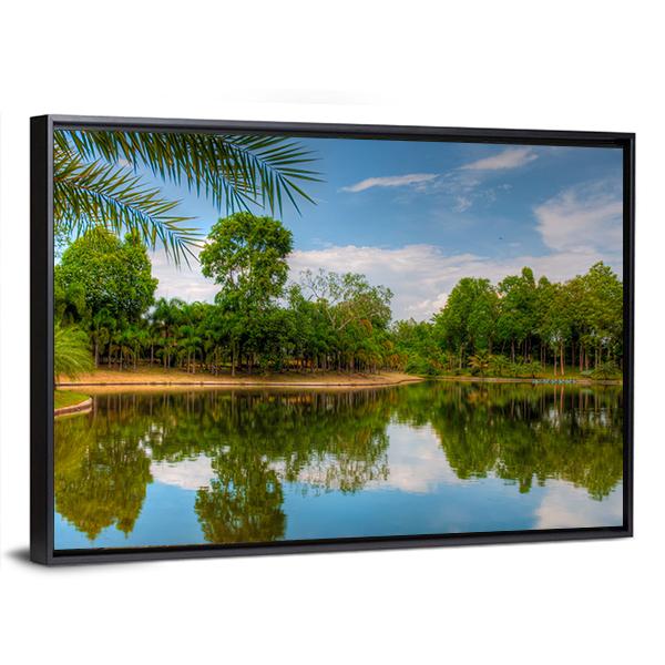 Scenic Lake View With Garden Canvas Wall Art-3 Horizontal-Gallery Wrap-25" x 16"-Tiaracle