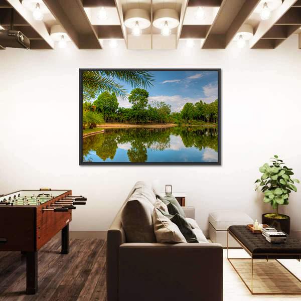 Scenic Lake View With Garden Canvas Wall Art-3 Horizontal-Gallery Wrap-25" x 16"-Tiaracle