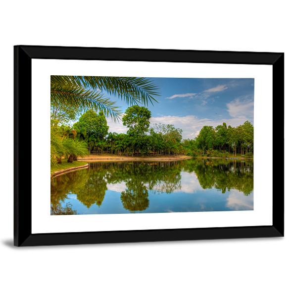 Scenic Lake View With Garden Canvas Wall Art-3 Horizontal-Gallery Wrap-25" x 16"-Tiaracle