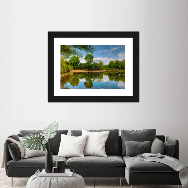 Scenic Lake View With Garden Canvas Wall Art-3 Horizontal-Gallery Wrap-25" x 16"-Tiaracle