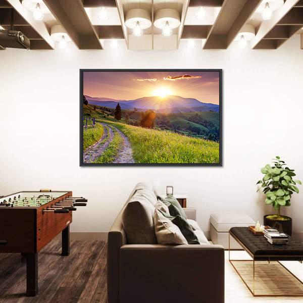 Scenic Sunset In The Mountains Landscape Canvas Wall Art-1 Piece-Floating Frame-24" x 16"-Tiaracle