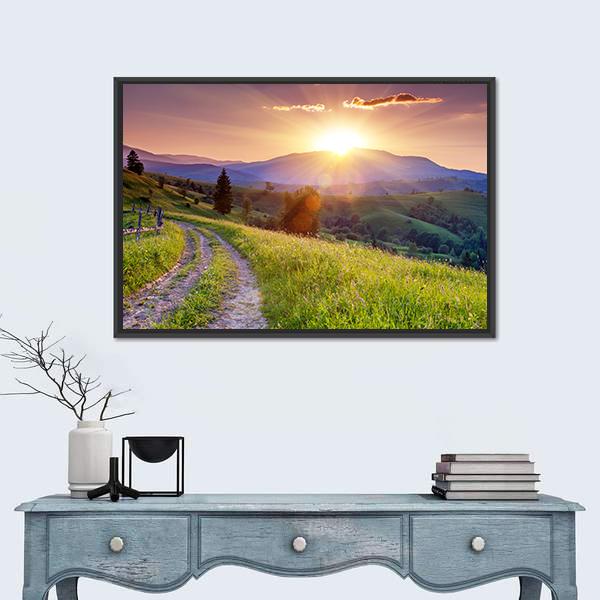 Scenic Sunset In The Mountains Landscape Canvas Wall Art-1 Piece-Floating Frame-24" x 16"-Tiaracle