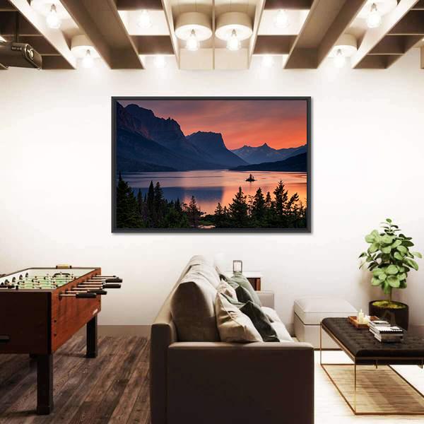 Scenic Sunset Over St. Mary Lake Canvas Wall Art-1 Piece-Floating Frame-24" x 16"-Tiaracle