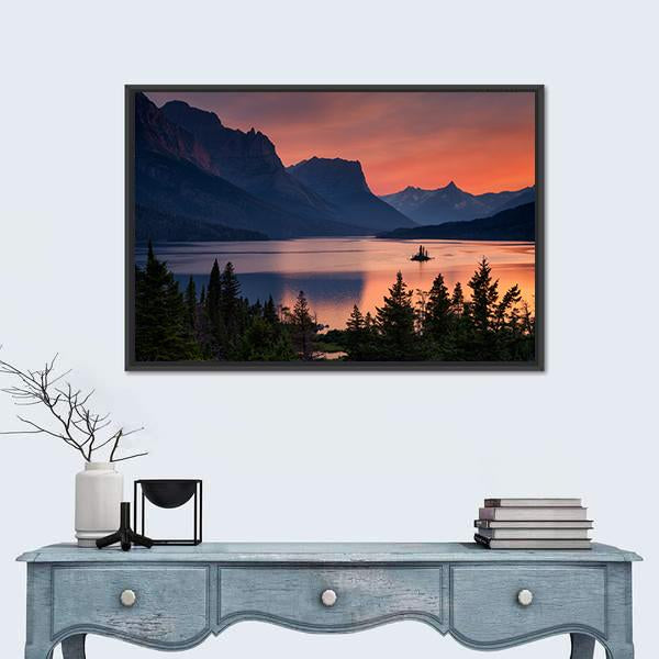 Scenic Sunset Over St. Mary Lake Canvas Wall Art-1 Piece-Floating Frame-24" x 16"-Tiaracle