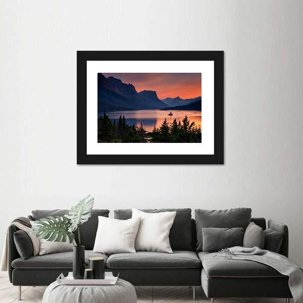 Scenic Sunset Over St. Mary Lake Canvas Wall Art-1 Piece-Framed Print-20" x 16"-Tiaracle