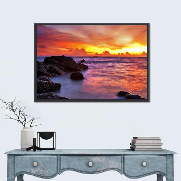 Scenic Tropical Beach At Sunset Canvas Wall Art-1 Piece-Floating Frame-24" x 16"-Tiaracle