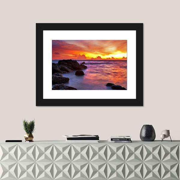 Scenic Tropical Beach At Sunset Canvas Wall Art-1 Piece-Framed Print-20" x 16"-Tiaracle