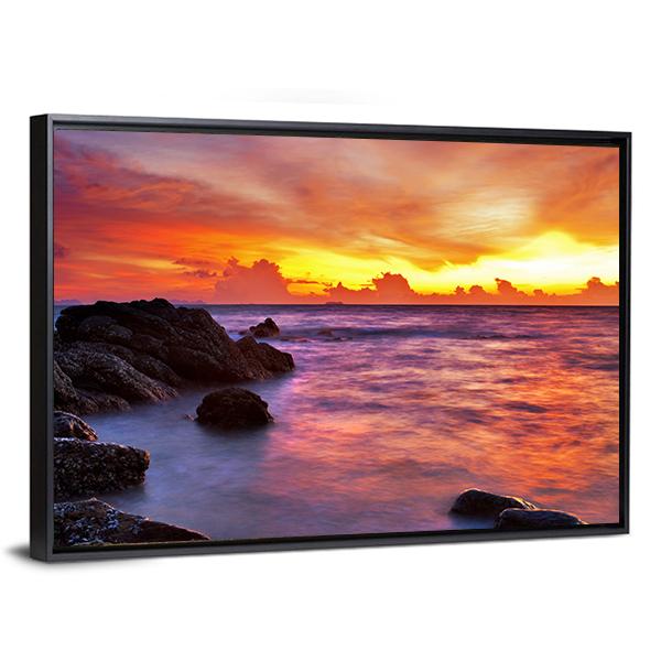 Scenic Tropical Beach At Sunset Canvas Wall Art-3 Horizontal-Gallery Wrap-25" x 16"-Tiaracle