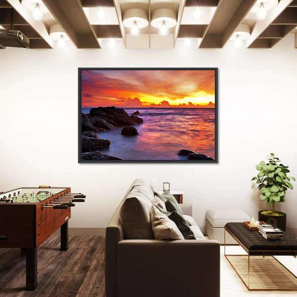 Scenic Tropical Beach At Sunset Canvas Wall Art-3 Horizontal-Gallery Wrap-25" x 16"-Tiaracle