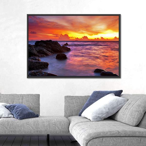 Scenic Tropical Beach At Sunset Canvas Wall Art-3 Horizontal-Gallery Wrap-25" x 16"-Tiaracle
