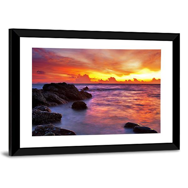 Scenic Tropical Beach At Sunset Canvas Wall Art-3 Horizontal-Gallery Wrap-25" x 16"-Tiaracle