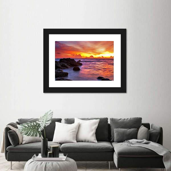 Scenic Tropical Beach At Sunset Canvas Wall Art-3 Horizontal-Gallery Wrap-25" x 16"-Tiaracle