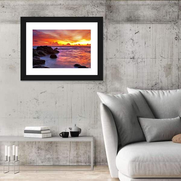 Scenic Tropical Beach At Sunset Canvas Wall Art-3 Horizontal-Gallery Wrap-25" x 16"-Tiaracle