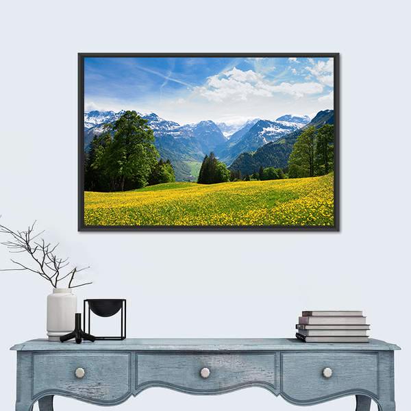 Scenic View From Braunwald In Spring Canvas Wall Art-1 Piece-Floating Frame-24" x 16"-Tiaracle