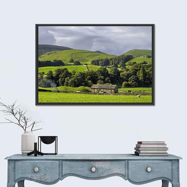 Scenic View Of Farm In Countryside Canvas Wall Art-1 Piece-Floating Frame-24" x 16"-Tiaracle