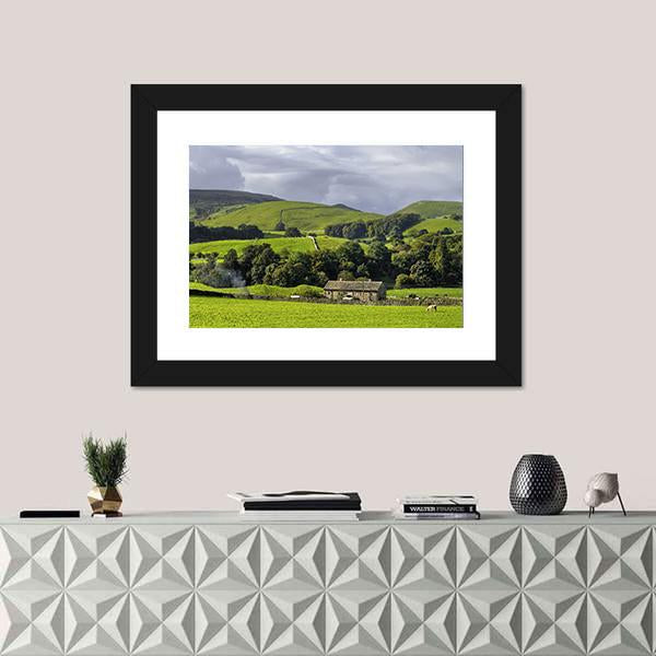 Scenic View Of Farm In Countryside Canvas Wall Art-1 Piece-Framed Print-20" x 16"-Tiaracle