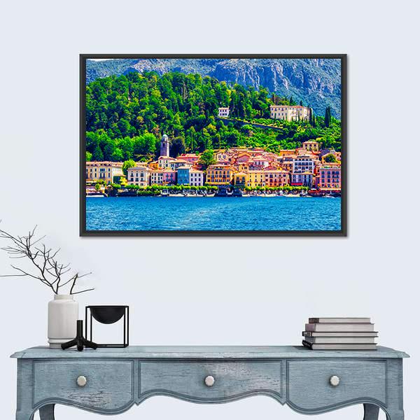 Bellagio Waterfront on Lake Como Canvas Wall Art in orange, green and blue, framed canvas, product view on a white background