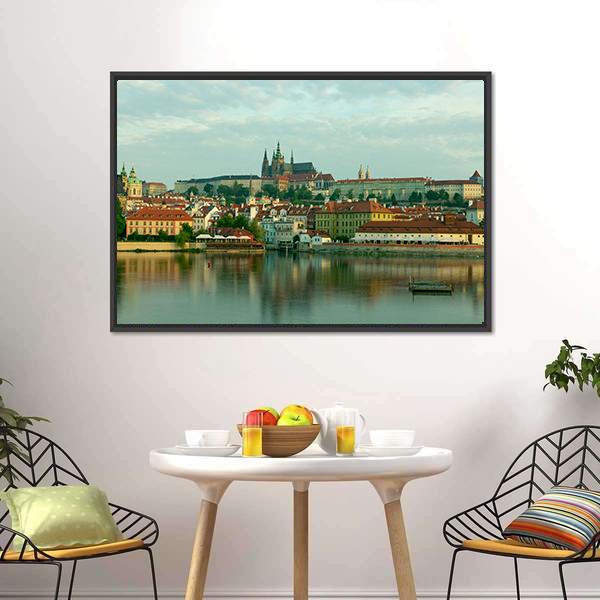 Scenic View On Vltava River Canvas Wall Art-1 Piece-Floating Frame-24" x 16"-Tiaracle