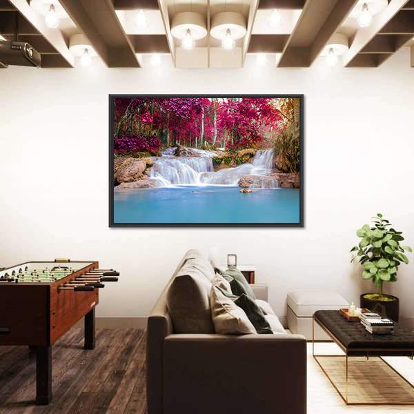 Scenic Waterfall In Rain Forest Canvas Wall Art-1 Piece-Floating Frame-24" x 16"-Tiaracle