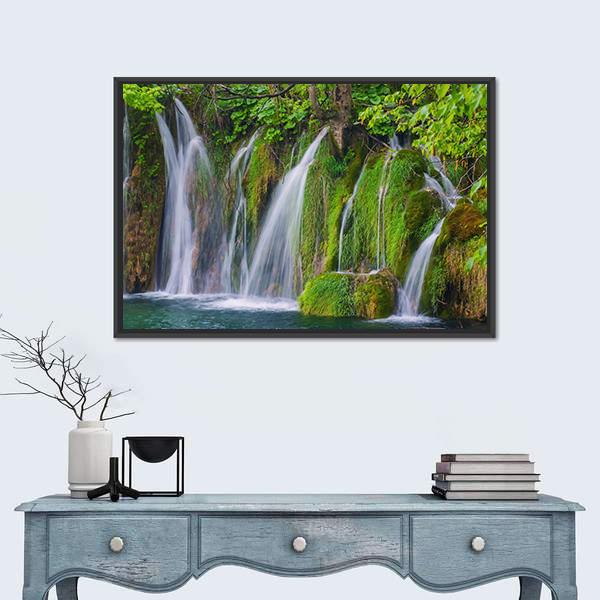 Scenic Waterfall In The Forest Canvas Wall Art-1 Piece-Floating Frame-24" x 16"-Tiaracle