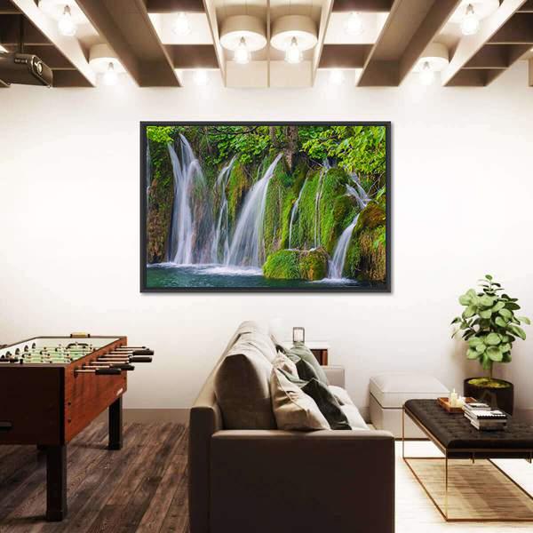 Scenic Waterfall In The Forest Canvas Wall Art-5 Horizontal-Gallery Wrap-22" x 12"-Tiaracle