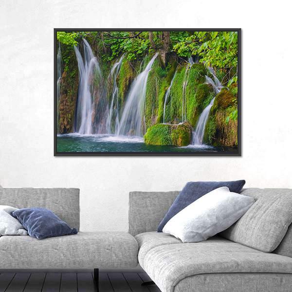 Scenic Waterfall In The Forest Canvas Wall Art-5 Horizontal-Gallery Wrap-22" x 12"-Tiaracle