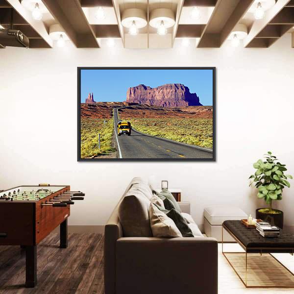 School Bus On Road At Monument Valley USA Canvas Wall Art-1 Piece-Floating Frame-24" x 16"-Tiaracle