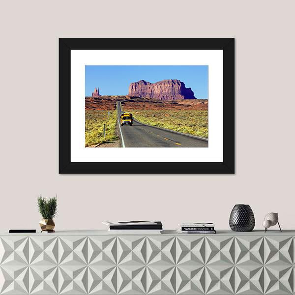 School Bus On Road At Monument Valley USA Canvas Wall Art-1 Piece-Framed Print-20" x 16"-Tiaracle