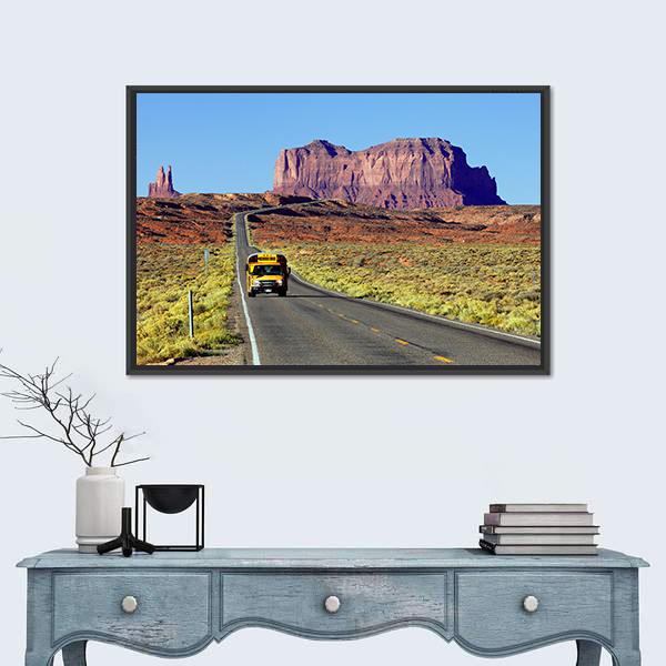 School Bus On Road At Monument Valley USA Canvas Wall Art-5 Horizontal-Gallery Wrap-22" x 12"-Tiaracle