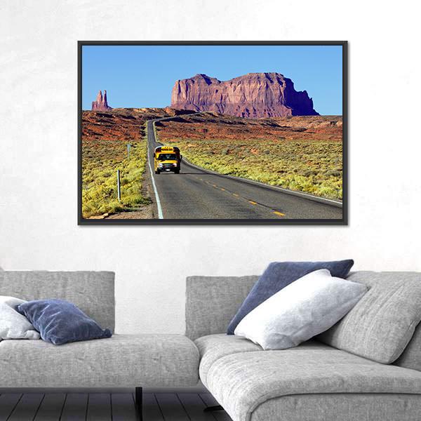 School Bus On Road At Monument Valley USA Canvas Wall Art-5 Horizontal-Gallery Wrap-22" x 12"-Tiaracle