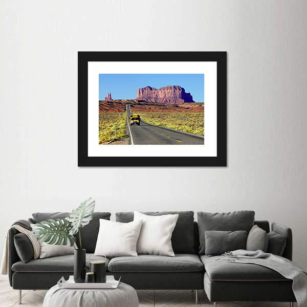 School Bus On Road At Monument Valley USA Canvas Wall Art-5 Horizontal-Gallery Wrap-22" x 12"-Tiaracle