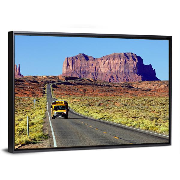 School Bus On Road At Monument Valley USA Canvas Wall Art-5 Horizontal-Gallery Wrap-22" x 12"-Tiaracle