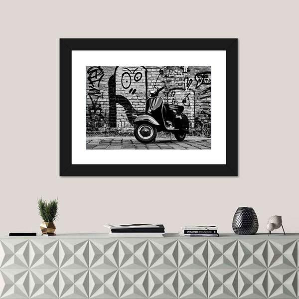 Scooter In front Of A Wall Canvas Wall Art-1 Piece-Framed Print-20" x 16"-Tiaracle