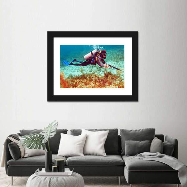 Scuba Diver Near Coral Bottom Canvas Wall Art-1 Piece-Framed Print-30" x 20"-Tiaracle