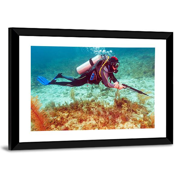 Scuba Diver Near Coral Bottom Canvas Wall Art-5 Horizontal-Gallery Wrap-22" x 12"-Tiaracle