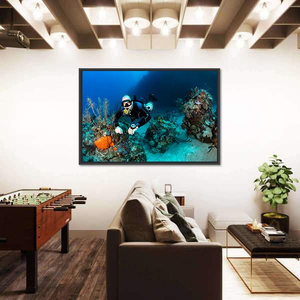 Scuba Diver On A Tropical Coral Reef Canvas Wall Art-3 Horizontal-Gallery Wrap-25" x 16"-Tiaracle