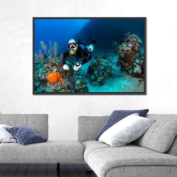 Scuba Diver On A Tropical Coral Reef Canvas Wall Art-3 Horizontal-Gallery Wrap-25" x 16"-Tiaracle