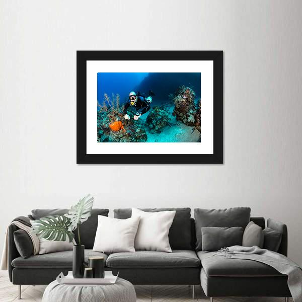 Scuba Diver On A Tropical Coral Reef Canvas Wall Art-3 Horizontal-Gallery Wrap-25" x 16"-Tiaracle