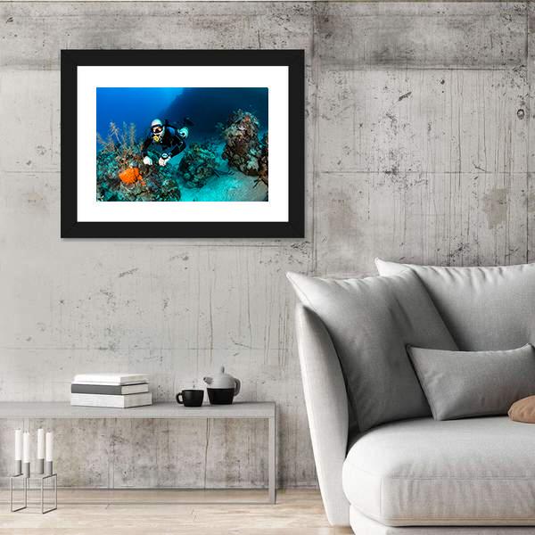 Scuba Diver On A Tropical Coral Reef Canvas Wall Art-3 Horizontal-Gallery Wrap-25" x 16"-Tiaracle