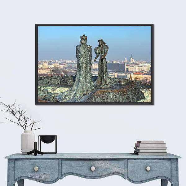 Sculpture Of Prince Buda And Princess Pest Canvas Wall Art-1 Piece-Floating Frame-24" x 16"-Tiaracle