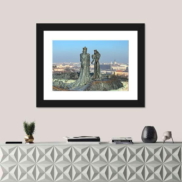 Sculpture Of Prince Buda And Princess Pest Canvas Wall Art-1 Piece-Framed Print-20" x 16"-Tiaracle