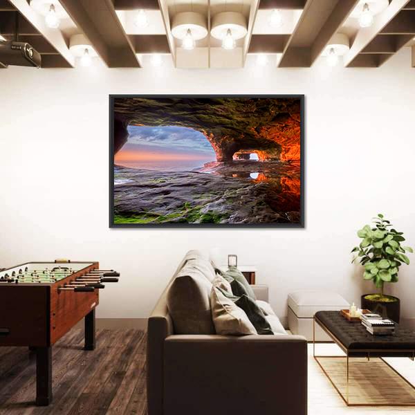 Sea Cave Radiate A Red From The Sun Setting Canvas Wall Art-1 Piece-Floating Frame-24" x 16"-Tiaracle