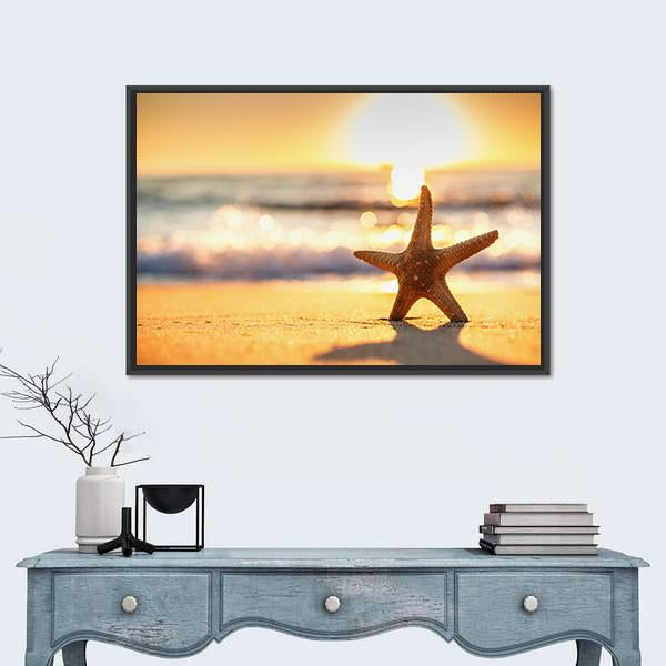 Sea Starfish On The Beach At Sunrise Canvas Wall Art-1 Piece-Floating Frame-36" x 24"-Tiaracle