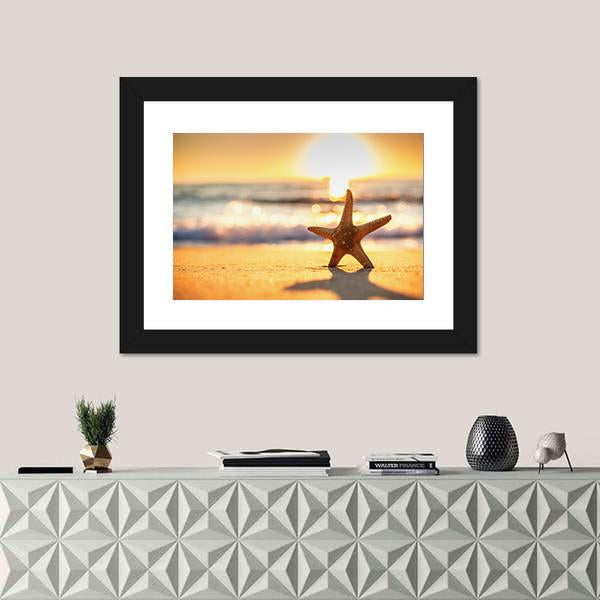 Sea Starfish On The Beach At Sunrise Canvas Wall Art-1 Piece-Framed Print-42" x 14"-Tiaracle